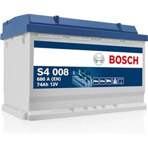 Bosch S4 008 Batteria per Auto 74 A/h - 680 A - 12 V, Batteria al Piombo-Acido per Veicoli senza Sistema Start/Stop, Polarità: Sinistra (-) Destra (+), 278 x 175 x 190 mm