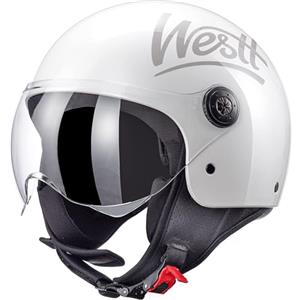 Westt Casco jet Classic con visiera moto donna uomo casco scooter chop ciclomotore retrò pilota di moto a mezza calotta, certificato ECE DOT, bianco lucido, taglia XL (59-60 cm)