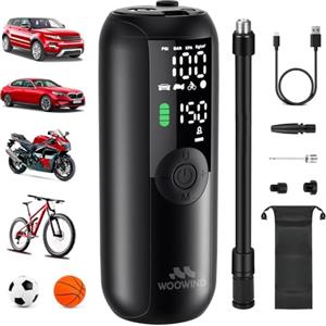 Woowind Compressore Aria Portatile, Pompa Per Bicicletta Elettrica Gonfiaggio in 1 Minuto, 150PSI, Gonfia Gomme Auto, Biciclette, Moto e Palloni con Spegnimento Automatico, Schermo LCD, Luce LED