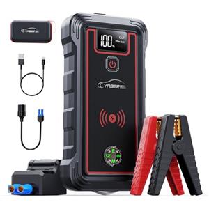 YABER Avviatore Batteria Auto, 5000A 10W Caricatore Wireless 23800mAh Avviatore Emergenza per Auto (Tutti Gas/8.0L Diesel) con Torcia,Ricarica Rapida USB 18W,Uscita DC,Bussola,Martello di Sicurezza