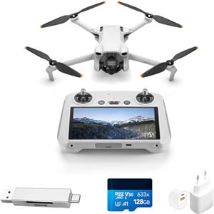 DJI Mini 3 (con DJI RC) Bundle- Mini Drone con Fotocamera Leggero e Pieghevole con Video in 4K HDR, Autonomia di 38 Minuti, C0 (Lettore di schede + scheda di memoria + spina)