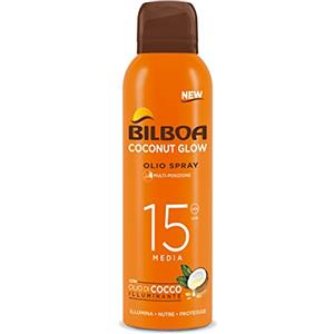 Bilboa, BOV Solare Coconut Glow SPF 15, Crema Solare Spray con Olio di Cocco e Vitamina E, Leggera sulla Pelle, Protezione Solare Resistente all'Acqua, 150 ml