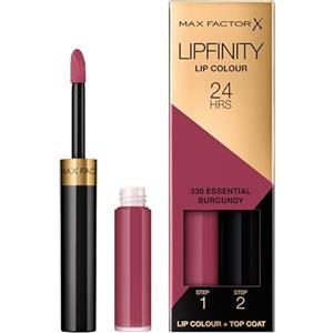 Max Factor Lipfinity Lip Colour Rossetto a Lunga Durata 2 in 1 con Finish Lucido, Rossetto Liquido e Balsamo Idratante per Labbra Morbide e Lucenti - 330 Essential Burgundy, 2,3 ml + 1,9 g