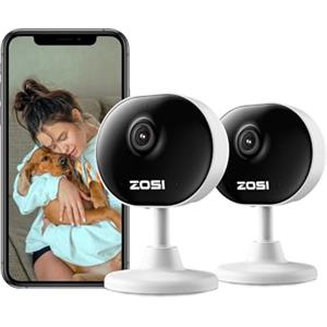 ZOSI 2x Telecamera Wi-Fi Interno FHD, 2MP Videocamera Sorveglianza Visione Notturna, Audio Bidirezionale, Rilevamento di Movimento, Funziona con Alexa