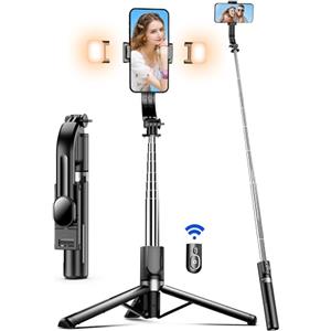 SelfieShow Bastone Selfie Treppiede per Smartphone - 2 Luce di Riempimento, 115cm Selfie Stick Stabile, Estensibile Treppiedi con Telecomando Wireless con Rotazione a 360° per iPhone 14/13/12/11 Samsung Huawei