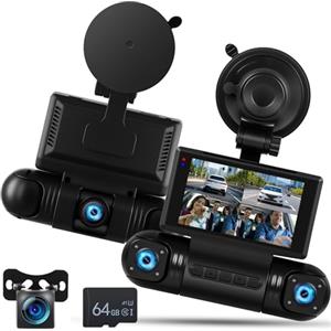 NHOPEEW 2K Dash Cam a 4 canali per auto - Videocamera WiFi per auto con tre telecamere 1080P, visione notturna, registrazione in loop, rilevamento del movimento con sensore G e controllo tramite app