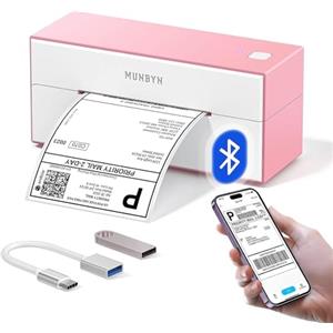 MUNBYN Stampante Termica Etichette Bluetooth, Stampante Etichette Spedizione 4x6, Stampante di Etichette Postali per Aziende, Compatibile con Shopify Ebay Amazon DHL DPD, 129B Rosa