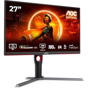 AOC Gaming Q27G3XMN - QHD Monitor da 27 pollici, 180 Hz, FreeSync Prem. Pro., HDR1000 (2560x1440, 1 ms GtG, HDMI, Display Port) nero-rosso