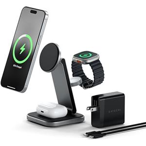 SATECHI OntheGo™ Caricatore Wireless 3 in 1 Pieghevole, Stazione di Ricarica Magnetica 15W con Certificazione Qi2 per tutti gli iPhone 17 16 15 fino a 12, Apple Watch Serie Ultra SE e AirPods Pro 4 3
