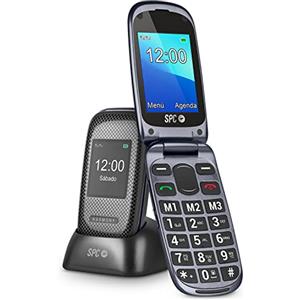 SPC Harmony - Telefono cellulare con chiusura per anziani con numeri e lettere grandi, pulsante SOS, 3 memorie dirette, base di caricamento, Nero