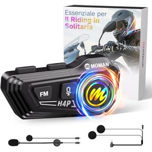 Moman Auricolare Casco Moto-1000mAh Batteria, RS-H4P Cuffie Casco Moto Doppia Riduzione del Rumore con Hi-Fi Microfono Morbida/Dura FM/RGB/IPX6/Controllo Musica/Vocale AI Auricolari Moto Per Singola