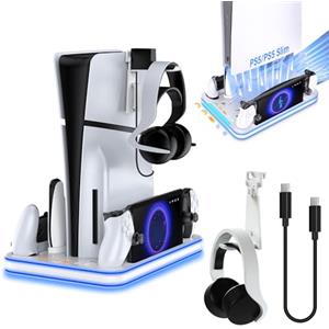 Sehawei Supporto per PS5/Pro/Slim con Ventola di Raffreddamento, Ricarica Controller PS5, Dock di ricarica PS Portal,PS5 Supporto Verticale con Indicatori LED e Headset holders per PS5/Pro/PS5 Slim