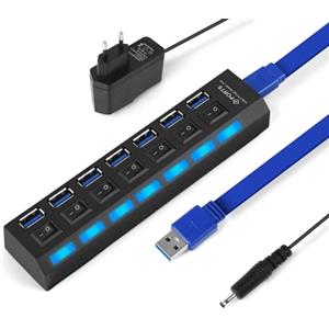 OFFCUP Hub USB Alimentato 7 Porte (1 USB 3.0 6USB 2.0) Con Interruttori Individuali e Spie LED Ciabatta Multi Presa USB, Sdoppiatore USB, Plug & Play, per PC Laptop Stampante MacBook Mouse e Altro