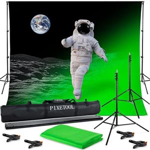 Pixetool ixetool - Green Screen set 300 x 300cm - Studio Fotografico - Telo di Sfondo - Greenscreen Fondale con Supporto - Schermo Verde con 4 Morsetti
