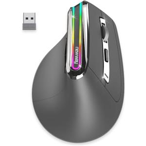 NEWWAY - 2024 Nuovo - Mouse verticale wireless A9 - WiFi 2.4 GHz USB C - Ricaricabile - RGB - 2400 DPI - Ergonomico - Silenziatore - Nano ricevitore integrato 10 M - Grigio