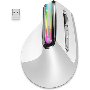 NEWWAY - 2024 Nuovo - Mouse verticale senza fili A9 - WiFi 2.4 GHz USB C - Ricaricabile - RGB - 2400 DPI - Ergonomico - Silenziatore - Nano ricevitore integrato 10 M - Bianco