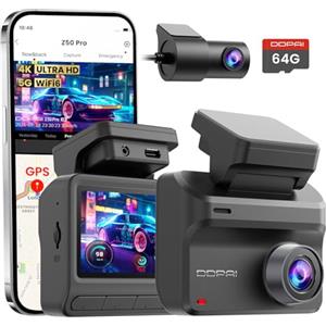 DDPAI Dashcam Auto, 4K + 1080P Telecamera Auto Con Scheda Da 64 GB, Visione Notturna AI-ISP, Supporto 4G LTE, 5 GHz WiFi 6, GPS, Monitoraggio Parcheggio 48 Ore, Display IPS Da 3", Sensore G, Z50 Pro