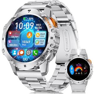 BENYAR SMART EF8 Smartwatch Uomo con Torcia, 1.43" AMOLED, Impermeabile IP68, 110 Modalità Sportive, Monitoraggio Battito Cardiaco e Sonno, Contapassi, Notifiche Chiamate, per Android iOS, Argento
