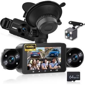 NHOPEEW 4 canali Dash Cam 3'' IPS Touchscreen anteriore e posteriore con 8 luci IR per la visione notturna, registrazione in loop, 24 ore di registrazione, G-Sensor, aiuto alla retromarcia + scheda di