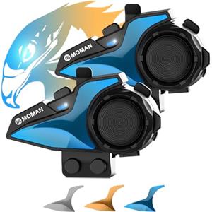 Moman Interfono Moto, H2E Aquila Auricolare Casco Coppia con Doppio Chip per Multitasking Audio Cuffie per Caschi Distanza 1Km Sistema di Comunicazione HiFi/Condivisione Musica/FM/Voce AI Interphone