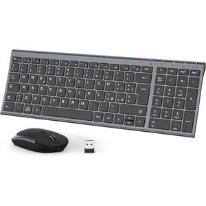 iClever Tastiera e Mouse Wireless - Tastiera e Mouse Portatili Wireless 2.4G, Batteria Ricaricabile Design Ergonomico Dimensioni Regolari Sottile Connessione Stabile DPI Regolabile (Grigio e Nero)
