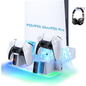 Mcbazel PS5 Pro Supporto Montaggio a Parete con Luce RGB Supporto per Stazione di Caricatore a Doppio Controller Montato a Parete LED Supporto Porta Playstation 5/PS5 Pro/PS5 Slim Digital/Disc Console