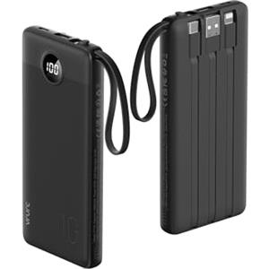 VRURC Power Bank 10000mAh Slim con Cavi Integrati, USB C Powerbank con 4 Uscite & 2 Ingressi, Caricatore Portatile LED Digitale Display Ideale per Viaggio di Lavoro - Black