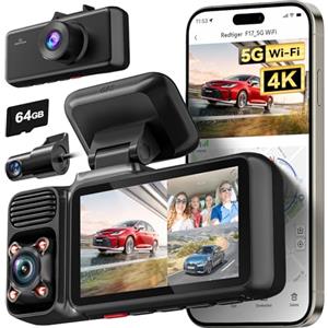 REDTIGER Dash Cam Auto, 4K+1080P+1080P Tripla Telecamera auto 5G WiFi GPS con Scheda da 64GB,Interno Anteriore e Posteriore,Dashcam 3" con Schermo, Visione Notturna, 24H Monitor di Parcheggio,WDR
