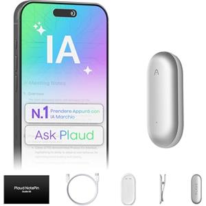 Plaud NotePin Registratore vocale IA, Controllo tramite app, Dispositivo per appunti IA, Trascrizione e riepilogo IA, Supporto per 112 Lingue, Memoria 64 GB, Registratore audio per riunioni, Argento