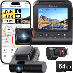 Jzones Dash Cam Auto con Scheda SD 64G, Dashcam con GPS e WiFi 4K+1080P+1080P Tripla Telecamera Anteriore e Posteriore, Visione Notturna, Registrazione in Loop, Modalità Parcheggio 24H, Controllo APP