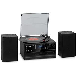 Auna Giradischi Bluetooth per Dischi in Vinile, Lettore Vinile a 3 Velocità di Riproduzione, Giradischi Vinili Vintage con Casse Stereo, AUX, Gira Dischi per Vinile con Jack per Cuffie e Lettore CD