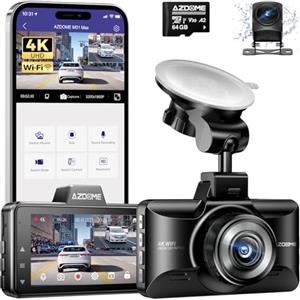 AZDOME Dashcam Auto Anteriore Posteriore 4K + 1080P, 4K WiFi Dash Cam con scheda SD da 64 GB, Dual Auto Camera con Super Visione Notturna, WDR, ADAS, Registrazione Loop, Sensore G, Monitoraggio