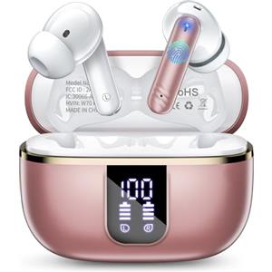 OWMSIC Cuffie Bluetooth, Stereo 3D HiFi Auricolari Bluetooth 5.4 con 4 ENC Cancellazione Mic, 46 Ore Cuffiette Bluetooth con Doppio Display LED, IP7 Impermeabili Cuffie Wireless per Android iOS. Rosa