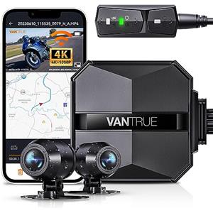 VANTRUE F1 4K+1080P Telecamera Moto Impermeabile IP67, 5GHz WiFi GPS Dash Cam Moto, Avvisi Vocali, 24H Rilevamento Collisione，Statistiche Chilometriche，WDR & HDR & APP, 300° Max 512G