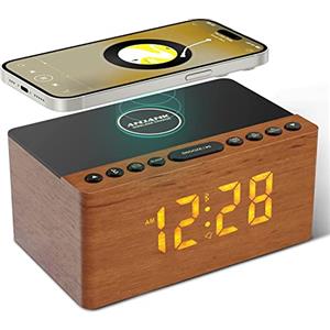 ANJANK Altoparlante Bluetooth Radiosveglia in Legno,Stazione di Ricarica Wireless per iPhone/Samsung,Porta di Ricarica USB,0-100% Display Dimmerabile,Timer per il Sonno,Orologio Digitale da Comodino