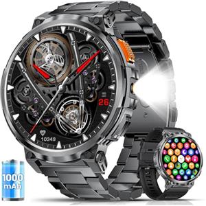 ESFOE Smartwatch Uomo Militare con 1000mAh/Torcia LED,1.85" Orologio Smart Watch con Chiamate Bluetooth,5ATM Impermeabile Tracker Attività con 130+ Sportive/Cardiofrequenzimetro per Android iOS