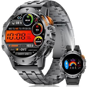 BENYAR SMART Smartwatch Uomo con Torcia, 1.43" AMOLED, Impermeabile IP68, 110 Modalità Sportive, Monitoraggio Battito Cardiaco e Sonno Contapassi, Notifiche Chiamate per Android iOS, 2 Cinturini