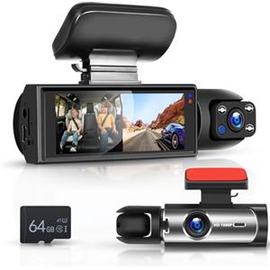 Hodozzy Dash Cam Anteriore Auto, Hodozzy Doppia Fronte e Interno Telecamera Auto Scheda 64G, FHD 1080P 3,16"IPS Schermo Dashcam G-Sensor, Monitor di Parcheggio Registrazione Loop, Visione Notturna