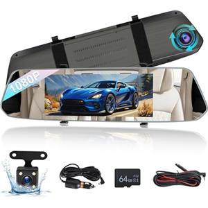 NHOPEEW Dash Cam a specchio da 7 pollici con doppia telecamera anteriore e posteriore - Sensore di gravità/registrazione in loop/rilevamento del movimento/monitor di parcheggio + scheda SD da 64G