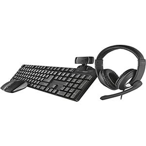 Trust Set 4-in-1 Home Office Qoby, Tastiera Wireless Layout Italiano QWERTY, Mouse Wireless, Webcam HD, Cuffie Over-Ear, Set Completo per Smart Working, PC/MacBook/Laptop/Chromebook/Computer