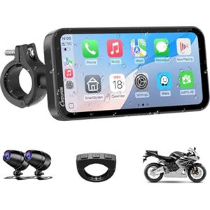 Carpuride W603D CarPlay Wireless e Android Auto per Moto, con Doppia Telecamera HD 1080P, Telecomando, Touchscreen Impermeabile da 6,3", Audio Bluetooth, Registrazione in Loop, Navigazione