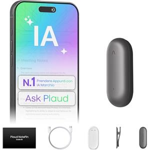Plaud NotePin Registratore vocale IA, Controllo tramite app, Dispositivo per appunti IA, Trascrizione e riepilogo IA, Supporto per 112 Lingue, Memoria 64 GB, Registratore audio per riunioni, Grigio
