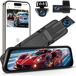 NHOPEEW 2K Dash Cam per auto con 3 telecamere - Dashcam da 9,66 pollici con controllo tramite app WiFi, sensore G, registrazione in loop, visione notturna e monitoraggio del parcheggio