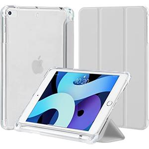 4UBonLife Custodia per iPad Mini 5 Mini 4 Generazione 7,9 pollici con Portapenne, Sottile Leggero Cover Case in Morbido TPU Retro Semi-Trasparente Cover Auto Svegliati/Sonno, Grigio Chiaro
