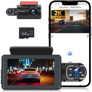 Hodozzy 1440P Dash Cam Auto Anteriore Interno, Hodozzy Doppia Telecamera con Visione Notturna, Dashcam Fronte con Registrazione Loop, Monitor di Parcheggio, 3 Pollici Schermo Dash Cam Auto con Scheda