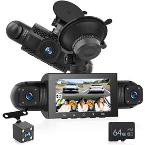 NHOPEEW 4 canali Dash Cam anteriore e posteriore - 1080P Dashcam con 360°Cameras - 3 pollici schermo IPS con G-Sensor Loop Recording 24H Parking Monitor Night Vision + 64GB SD Card