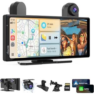 Carpuride W903S Portatile CarPlay Android Auto con Dashcam: Schermo IPS HD, CamAnteriore 4K + CamPosteriore 1080P + CamInfrarossi 1080P, Registrazione in Loop, Bluetooth, GPS,Siri,Musica