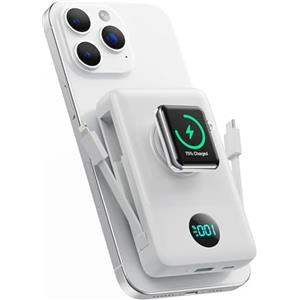 QTshine Magnetico Power Bank con Cavi Integrati per MagSafe, 10800mAh Wireless Caricatore Portatile QC4.0+25W PD Ricarica Rapida USB C Batteria Esterna con LED Display per Apple Watch/iPhone 17/16/15/14/13/12