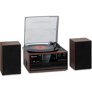 Auna Giradischi Bluetooth per Dischi in Vinile, Lettore Vinile a 3 Velocità di Riproduzione, Giradischi Vinili Vintage con Casse Stereo, AUX, Gira Dischi per Vinile con Jack per Cuffie e Lettore CD