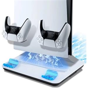 Tolesum Supporto per PS5/Slim/Pro con Ventola di Raffreddamento, Base Stazione Ricarica Joystick PS5, PS5 Supporto Verticale Raffreddamento con 2 Carica USB &3 marcia Velocità del vento per PS5 Gadget